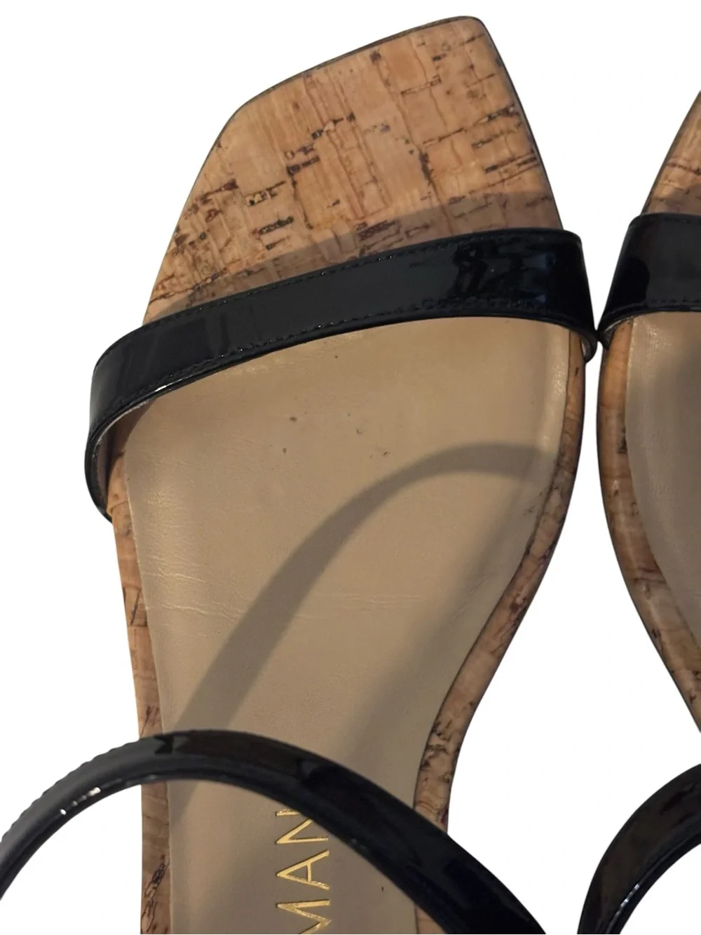 Stuart Weitzman Black Patent Double-Strap Cork Wedge Sandals Women’s Size 8 - Picture 7 of 8